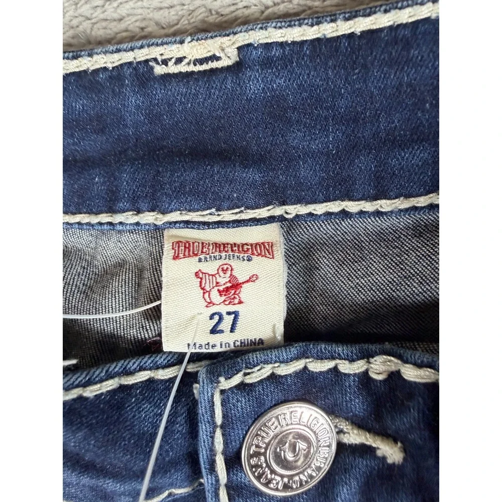 True Religion Womens 27 Skinny Jeans Dark Wash White Super T Stitch Y2K Flap